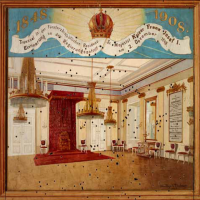 Historický sál olomoucké aribiskupské rezidence, kde proběhlo předání vlády Františku Josefovi roku 1848 (malovaný střelecký terč)
