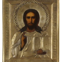 Kristus Pantokrator, Anonym, Rusko, počátek 20. století, dřevo, levkas, tempera, kov (slitina obecných kovů), výška 8 cm, šířka 4,5 cm.