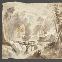 Krajina s řekou a domy, Josef Winterhalder ml., 1760 - 1765, kolorovaná perokresba, papír, výška 20,2 cm, šířka 24 cm