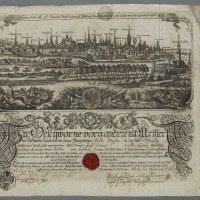 Tovaryšský list Josefa Rollentze s vedutou Olomouce, autor veduty Josef Freundt, 1735, mědirytina, ruční papír, výška 42,6 cm, šířka 36,4 cm.
