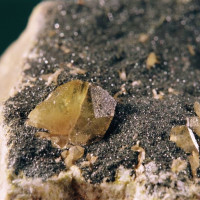Titanit, Krásné, žlutý průsvitný tabulkovitý krystal na chloritu, foto J. Král