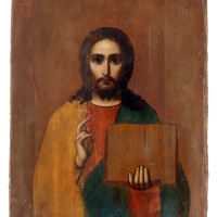 Kristus Pantokrator, Anonym, Rusko, 2. polovina 19. století, dřevo, levkas, tempera, textil (samet), výška 22,1 cm, šířka 18 cm.