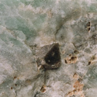 Amazonit (světle zelený, celá plocha fotografie), zirkon (hnědý krystal tvaru pyramidy), Ruda nad Moravou, foto J. Král