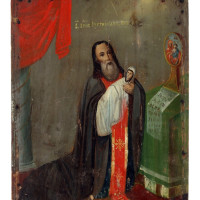 Sv. Biskup Justilian Koja - Zjevení ikony Bohorodičky Jugské, Anonym, Rusko, 2. polovina 19. st., dřevo, levkas, tempera, výška 26 cm, šířka 19 cm.