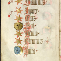 Olmützer Losbuch, Švábsko, počátek 15. století, f. 4v se zobrazením Slunce, Měsíce a pěti planet