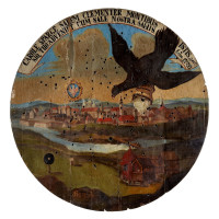Střelecký „solný“ terč s pohledem na Olomouc, neznámý autor, 1720, olejomalba, dřevo, průměr 134,5 cm.