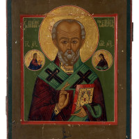 Svatý Mikuláš Divotvůrce, Anonym, Rusko, polovina 19. století, dřevo, levkas, stříbro, tempera, výška 26,7 cm, šířka 22,2 cm.