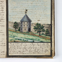 Donat Ulrich, Geschichte der Stadt Littau, Litovel, 1873, p. 65 pohledem na litovelské hradby a Prašnou věž