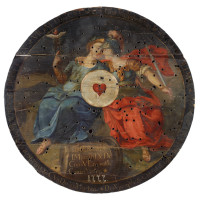 Střelecký terč Alegorie Obchodu a Spravedlnosti, neznámý autor, 1777, olejomalba, dřevo, průměr 132,5 cm.