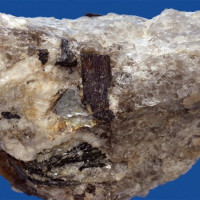Columbit (oxidy tantalu a niobu), Maršíkov, černé tabulkovité krystaly v pegmatitu, foto P. Rozsíval