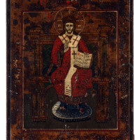 Kristus Pantokrator – z Deesní řady, Anonym, Rusko, 2. polovina 19. století, dřevo, levkas, tempera, stříbro, výška 26,6 cm, šířka 22 cm.