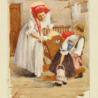 19 Narození; akvarel Marie Gardavská, Kojetín, první třetina 20. století