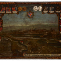 Obléhání Olomouce, J. Klein, 1758, malba, olejová tempera, textil, výška 139 cm, šířka 181 cm.