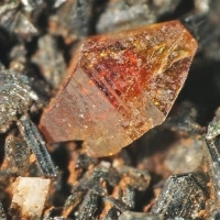 Anatas, Vernířovice, žlutý až červený oboustranný krystal s tabulkami chloritu, foto J. Sejkora