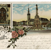 Olomouc - Horní náměstí a orloj. Pohlednice, litografie, vyd. Regel u. Krug, Leipzig, odesláno 5. 3. 1899, inv.č. F 5950.