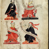 Olmützer Losbuch, Švábsko, počátek 15. století, f. 2r s vyobrazení čtyř antických učenců