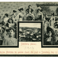 Šternberská děvčata. Pohlednice, vyd. H. Gerber Šternberk, odesláno 5. 7. 1913, inv. č. F-8573.